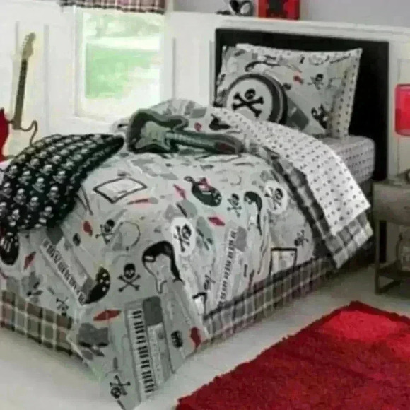Jumping Beans Twin‎ Bedding Set Rock Roll Skull Drum Guitar - Picture 4 of 12
